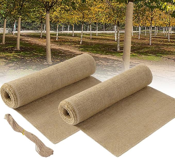 2 Rolls Natural Burlap Tree Wrap Rolls- 10in x 10ft Burlap Fabric Tree Trunk Protector- Burlap Plants Wrap Bandage with Ropes- Frost & Freeze Protection Cloth for Winter Outdoor Trees, Shrubs, Plants