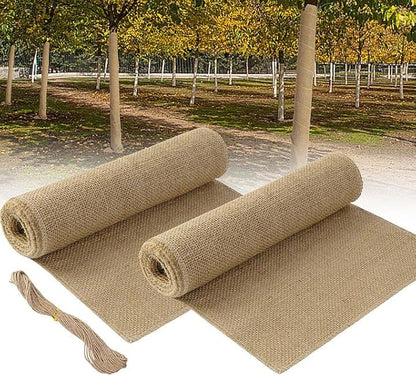 2 Rolls Natural Burlap Tree Wrap Rolls- 10in x 10ft Burlap Fabric Tree Trunk Protector- Burlap Plants Wrap Bandage with Ropes- Frost & Freeze Protection Cloth for Winter Outdoor Trees, Shrubs, Plants