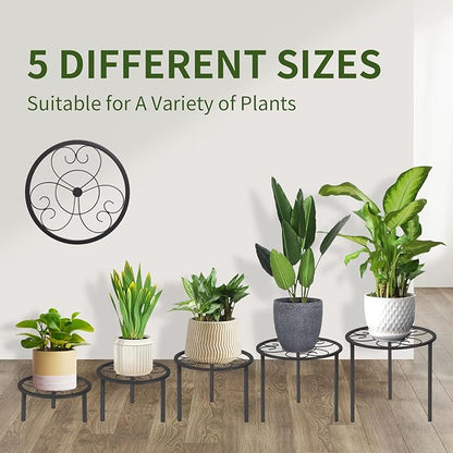 5-piece set of metal plant potted flower racks, heavy-duty flower pot plant racks of different sizes, iron flower racks, suitable for indoor and outdoor home decoration (Black) (5, Black)