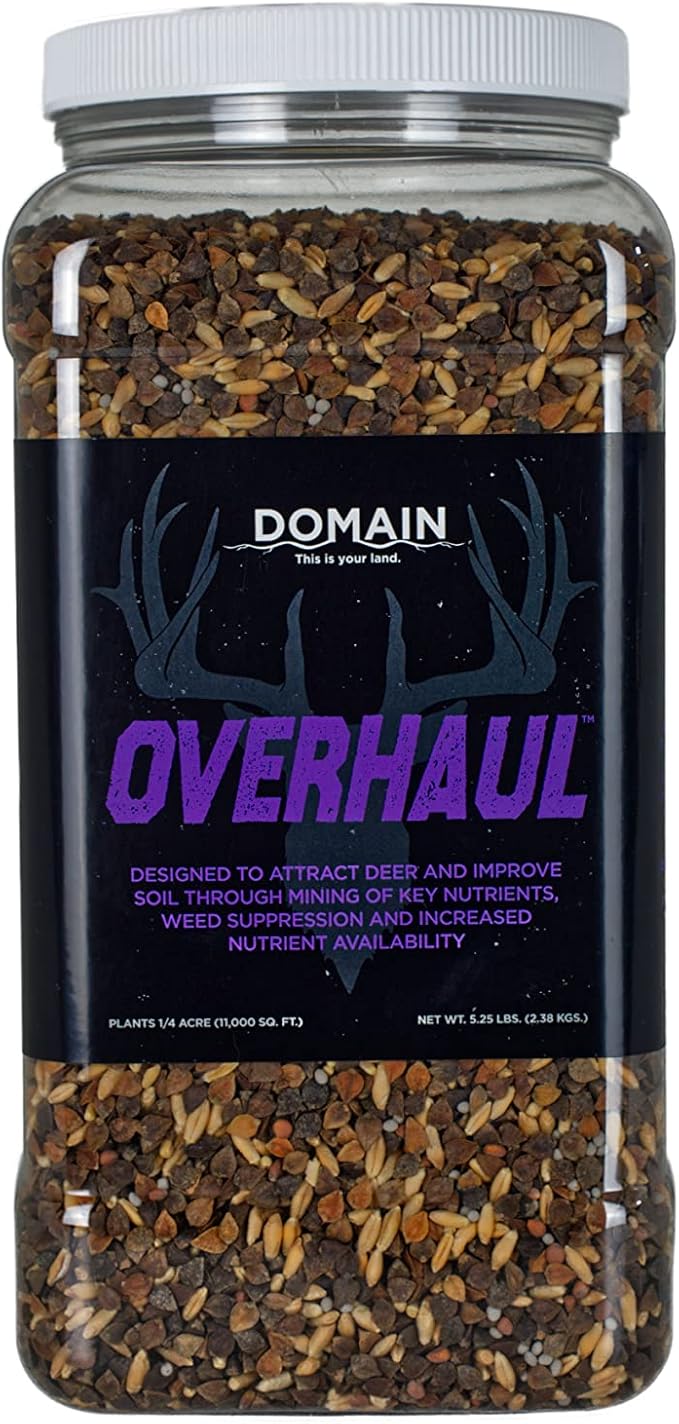 Domain Outdoor Overhaul Deer Food Plot Seed, Spring Triticale, Crimson Clover, Balansa Clover, Buckwheat, Tillage Radish, Great to Plant in Spring, Designed to Improve Soil and Attract Deer, 1/4 Acre