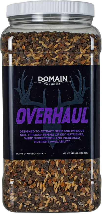 Domain Outdoor Overhaul Deer Food Plot Seed, Spring Triticale, Crimson Clover, Balansa Clover, Buckwheat, Tillage Radish, Great to Plant in Spring, Designed to Improve Soil and Attract Deer, 1/4 Acre