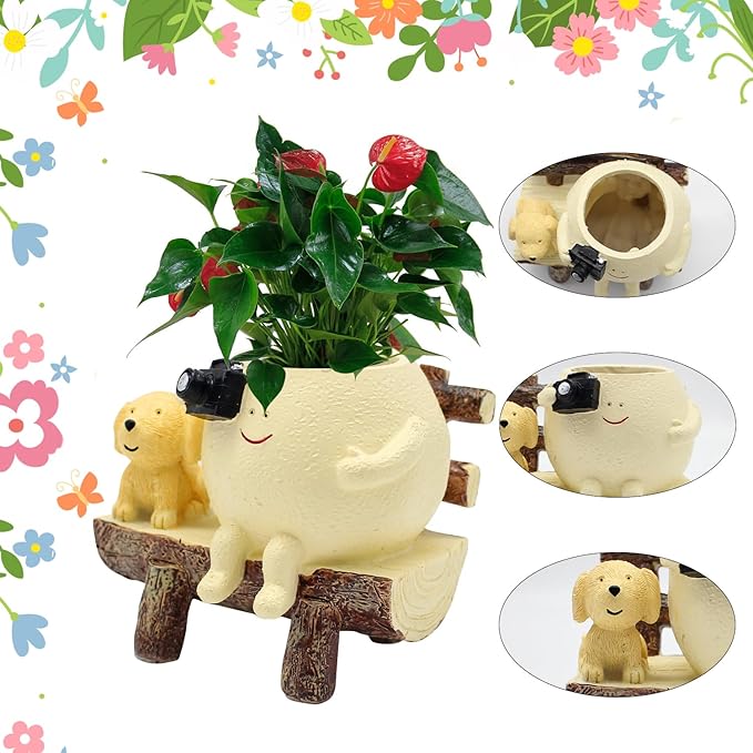 Cute Funny Resin Bench Smiley Face Plant Pot Unique Head Succulent Planter for Indoor & Outdoor Flower