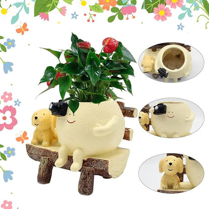 Cute Funny Resin Bench Smiley Face Plant Pot Unique Head Succulent Planter for Indoor & Outdoor Flower