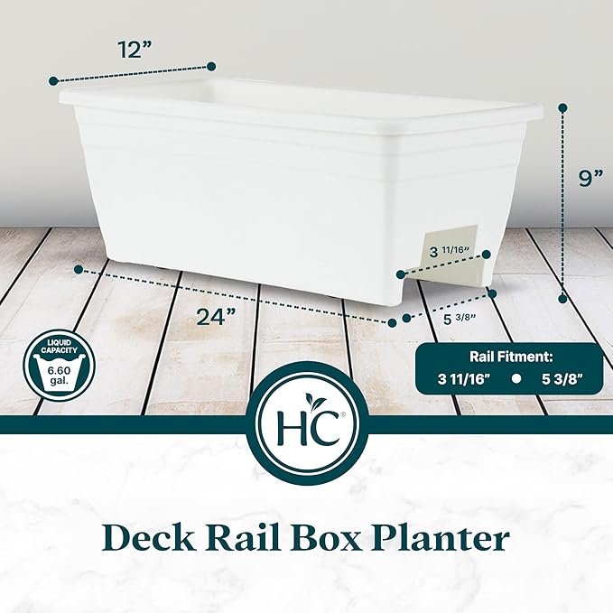 The HC Companies 24 Inch Wide Heavy Duty Plastic Deck Rail Mounted Garden Flower Planter Boxes with Removable Drainage Plugs, White (5 Pack)