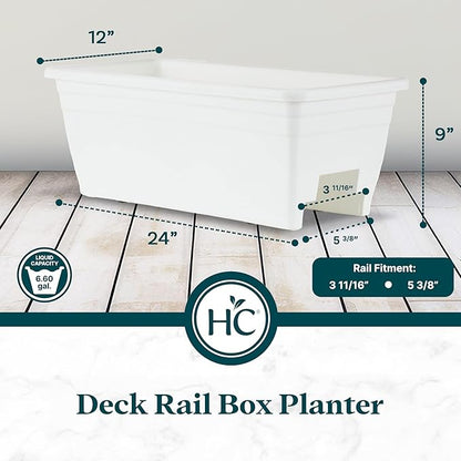 The HC Companies 24 Inch Wide Heavy Duty Plastic Deck Rail Mounted Garden Flower Planter Boxes with Removable Drainage Plugs, White (5 Pack)