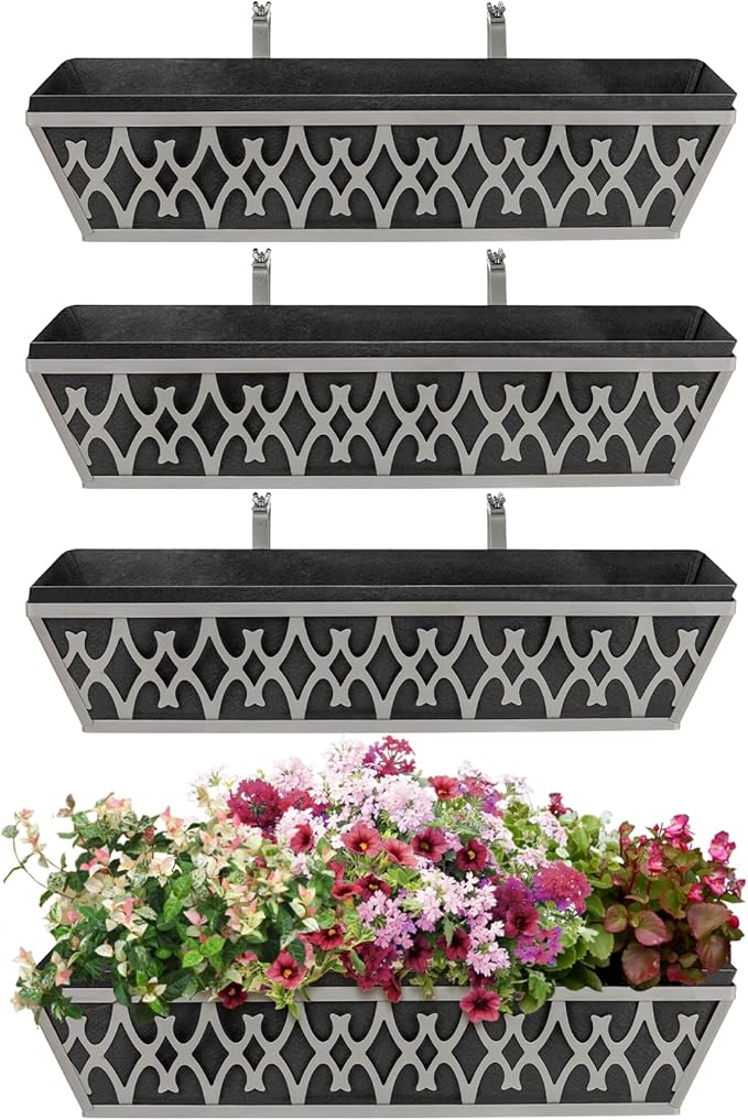 4 Pack 24 Inch Window Boxes Planters Railing Planter Box with Adjustable Brackets & Non-Woven Fabric Plant Grow Bags Deck Railing Planter Boxes Balcony Hanging Flower Box for Outdoor Plants