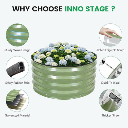INNO STAG 3 Pcs Round Galvanized Raised Garden Bed — 2×2×1ft Planter Box Outdoor Raised Beds Kit for Gardening Vegetables, Fruits, Herbs, and Flowers, Olive Green
