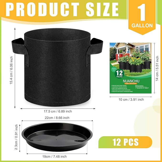 12 Sets 1 Gallon Grow Bags with Plant Saucers, Durable Fabric Plant Pots with Handles, Aeration Drainage Planter Bags for Planter, Reusable Garden Bags Drip Trays Set for Indoor Outdoor