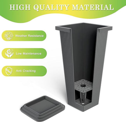 Set of 4 24" Tall Plastic Planters with Trays, Large Tapered Plant Pots for Indoor Outdoor Use, Modern Decorative Planters for Porch, Patio, Garden, and Backyard