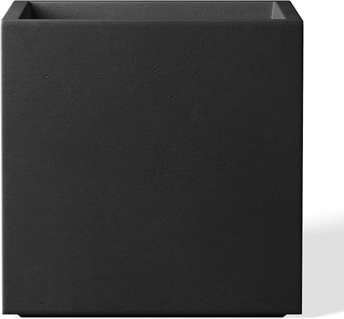 Kante 12 Inch Square Concrete Planter for Outdoor Indoor Home Patio Garden, Large Plant Pot with Drainage Hole and Rubber Plug, Black