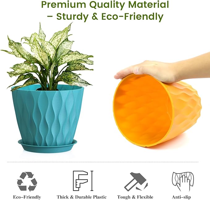 8 Inch Plant Pots, 4 Pack Plastic Planters for Indoor Outdoor with Drainage Holes & Saucers, Waffle Texture Flower Pots for Indoor Plants, Indoor Plant Pots for Monstera, Fiddle Leaf Fig Colorful