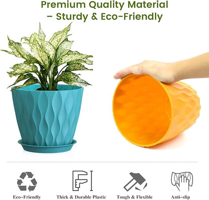 8 Inch Plant Pots, 4 Pack Plastic Planters for Indoor Outdoor with Drainage Holes & Saucers, Waffle Texture Flower Pots for Indoor Plants, Indoor Plant Pots for Monstera, Fiddle Leaf Fig Colorful