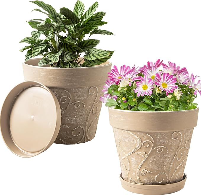 Melphoe Plant Pots Indoor with Drainage & Saucer, 2Pack 10 inch Flower Pots Outdoor Planters for Indoor Plants Garden Home Decor Cactus Succulent, Rigid Plastic (Imitation-Terracotta) Vine-Embossed