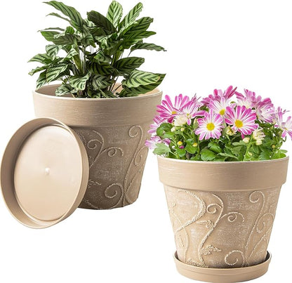 Melphoe Plant Pots Indoor with Drainage & Saucer, 2Pack 10 inch Flower Pots Outdoor Planters for Indoor Plants Garden Home Decor Cactus Succulent, Rigid Plastic (Imitation-Terracotta) Vine-Embossed