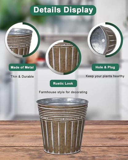 vensovo 5 Inch Brown Metal Rustic Flower Pots - 6Pcs Small Galvanized Planters with Drainage Hole and Rubber Plug, Rustproof Metal Bucket Plant Pots Farmhouse Vintage Style for Decor