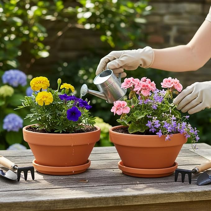 2 Pack 8 Inch Shallow Succulent Terracotta Pots with Drainage Hole and Saucer, Clay Plant Pots for Indoor and Outdoor Planter, Bowl Planter for Orchid, Cactus, Flowers