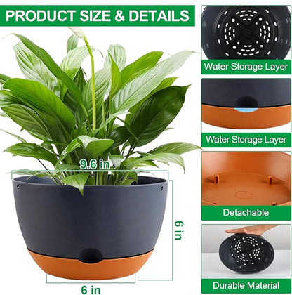 3 Pack Self Watering Planters for Plants Indoor,10 Inch Plant Pot Outdoor Plastic Flower Pot with Drainage and Saucers(Grey)