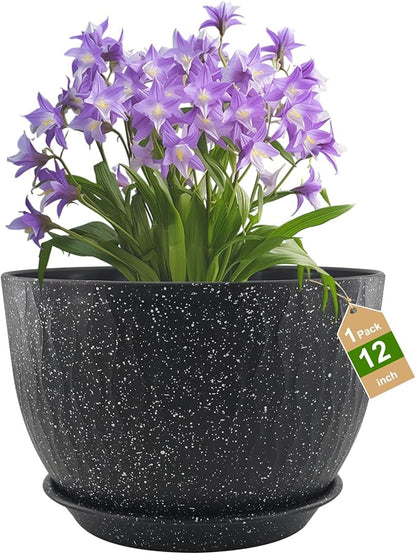 12 inch Large Plant Pots, Flower Pots with Multi-Mesh Drainage Holes and Saucer, Plastic Planters for Indoor and Outdoor Garden Plants (Speckled Black, 12")