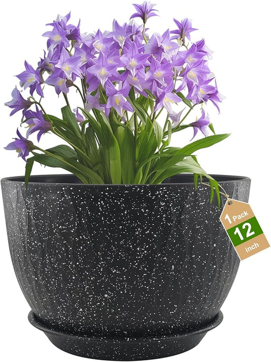 12 inch Large Plant Pots, Flower Pots with Multi-Mesh Drainage Holes and Saucer, Plastic Planters for Indoor and Outdoor Garden Plants (Speckled Black, 12")
