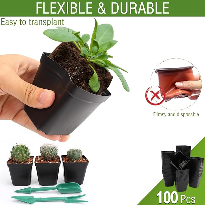 SUNPRO 100Pcs Square Nursery Pots 2.6 Inch Flexible Plastic Seedling Pots Small Plant Pot Thick Seed Starter Pot for Plants, Succulent, Flower with 60Pcs Plant Labels