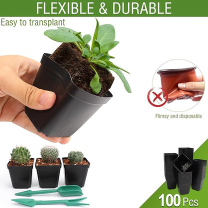 SUNPRO 100Pcs Square Nursery Pots 2.6 Inch Flexible Plastic Seedling Pots Small Plant Pot Thick Seed Starter Pot for Plants, Succulent, Flower with 60Pcs Plant Labels