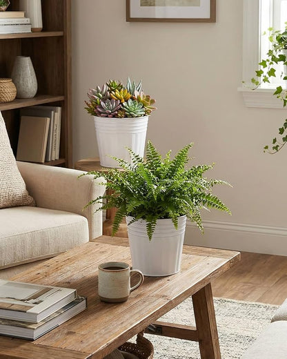 6 Inch White Metal Rustic Flower Pots - 6Pcs Galvanized Planters with Drainage Hole and Rubber Plug, Rustproof Metal Bucket Plant Pots Farmhouse Vintage Style for Decor