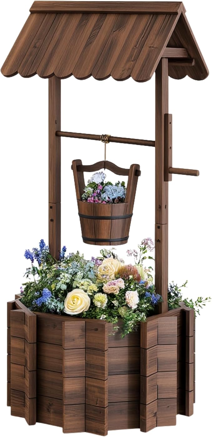 Wishing Wells for Outside,Wooden Wishing Well Planter,Rustic Flower Planter for Garden Patio Lawn Backyard Home Decor-21.7X21.7X47.25IN