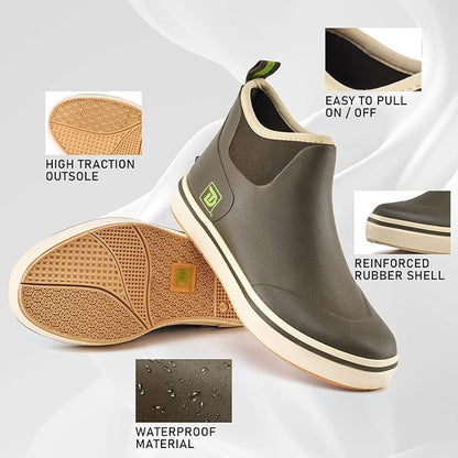 Trudave Mens Deck Boots, Waterproof Rubber Fishing Rain Boots, Anti-slip Short Ankle Shoes for Outdoor Fishing, Boating, Size 5-14