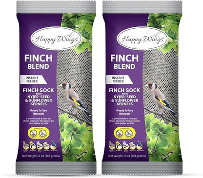 Happy Wings Finch Blend Bird Food, Mix of Sunflower Hearts/Kernels and Nyjer Seed Wild Bird Food-13 Ounce Pack of 2 | Prefilled Sock | No Grow Seed I Bird Seeds for Wild Birds