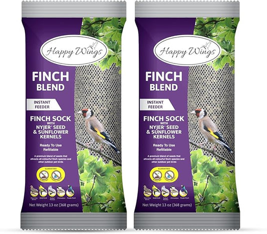 Happy Wings Finch Blend Bird Food, Mix of Sunflower Hearts/Kernels and Nyjer Seed Wild Bird Food-13 Ounce Pack of 2 | Prefilled Sock | No Grow Seed I Bird Seeds for Wild Birds