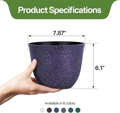 Worth Garden Plastic Round 8" Plant Pots for Indoor Plants - Set of 6 Multicolor Small Flower Pots W/Drainage Hole and Rubber Plug - Home Christmas Decorative planters Retro Floral Pattern