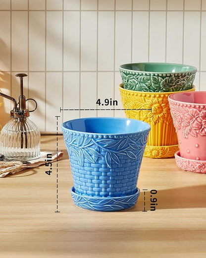 Ceramic Plant Pots, 4.9 Inch Flower Pots with Drainage Hole & Saucer, Colorful Planter Pots for Indoor Plants, Small Pots for Succulent, Catus, Home Decor, Set of 4, Assorted Colors