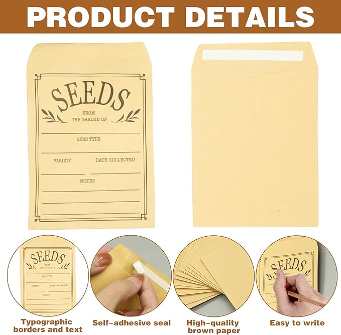 150 Pcs Seed Envelopes, Resealable Seed Packets Envelope Self Adhesive Sealing Seed Saving Envelopes Small Brown Paper Seed Storage Envelopes 3.1x4.7 Inch for Collection of Flower Vegetable Seeds