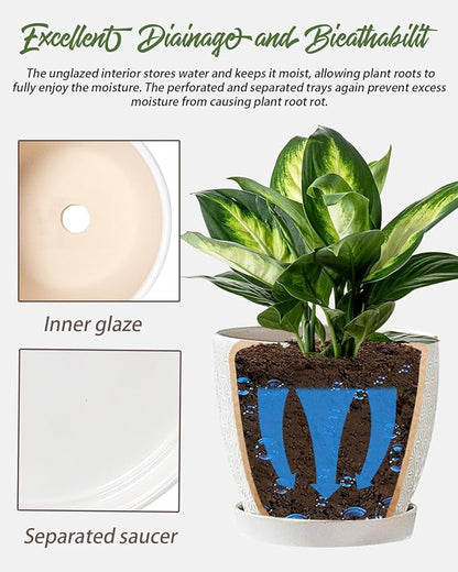 Plant Pots, Flower Pots, Planters for Indoor Plants(6.5+5.5inch), Flower Pots for Indoor Plants with Drainage Hole and Saucer, Ceramic Pots for Plant with Hole Mesh Pad,White