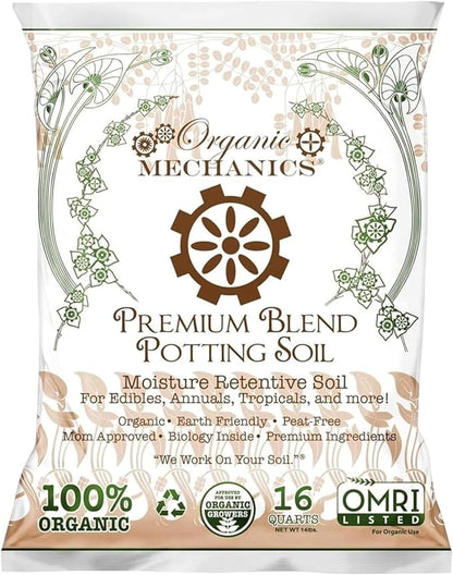 Organic Mechanics Premium Blend Potting Soil, 16 qt - Moisture-Retentive, Peat-Free, Compost - Enriched Mix with Worm Castings & Perlite for Houseplants, Annuals, Veggies & Tropical Plants