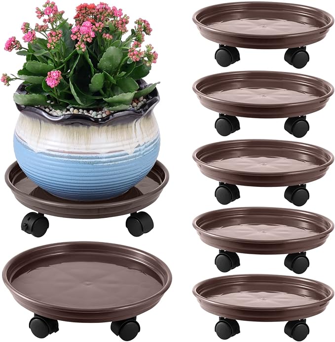 6 Packs Plant Caddy with Wheels 12" Plastic Rolling Stands Heavy-Duty Dolly with Casters Indoor Outdoor Coaster, Brown