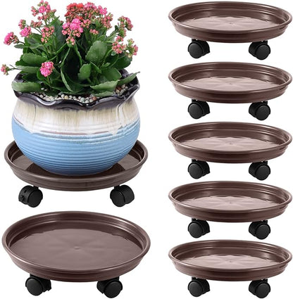 6 Packs Plant Caddy with Wheels 12" Plastic Rolling Stands Heavy-Duty Dolly with Casters Indoor Outdoor Coaster, Brown