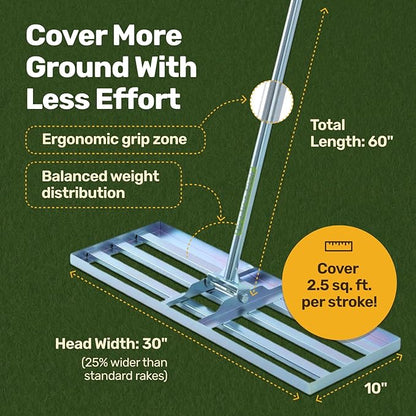 Lawn Leveling Rake 30″ x 10″ – Heavy Duty Carbon Steel Ground Leveler Tool for Yard, Soil, Sand & Grass – Professional Landscape Rake for Lawn, Garden & Golf Course