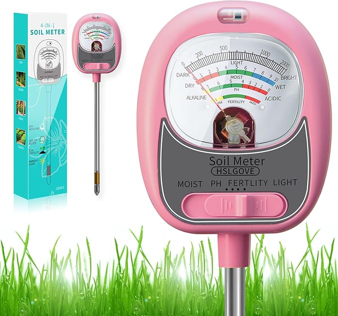 HSLGOVE 4-in-1 Soil Test Kit – Soil Moisture Meter, pH, Fertility & Sun-Light, No Battery Required, Large Dial Soil Tester for Indoor & Outdoor Gardening, Lawn, Farm –Rose Pink