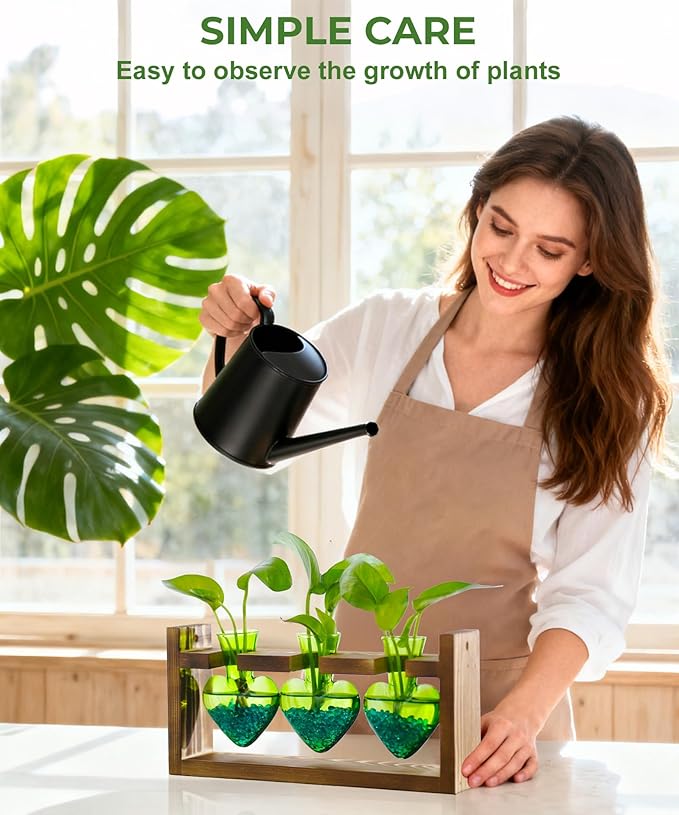 Nacome Plant Terrarium Propagation Stations: Birthday Gifts for Plant Lovers Women Mom Wife Daughter - 3 Bulb Glass Vase with Wooden Stand Tabletop for Hydroponics Home Garden Decor(Green)