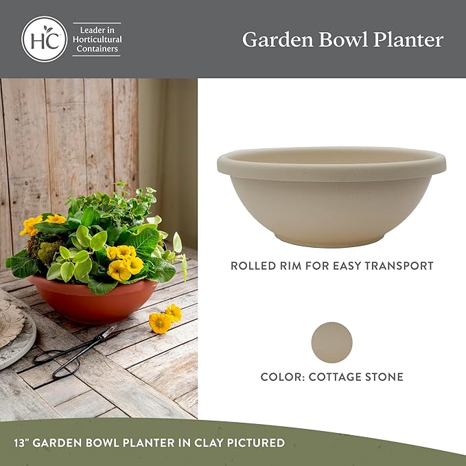 The HC Companies 13 Inch Shallow Garden Bowl Plant Pot w/Drainage, Lightweight UV-Resistant Plastic Planters for Succulents, Herbs & More, 2-Pack Planters for Indoor Outdoor Home Decor, Cottage Stone