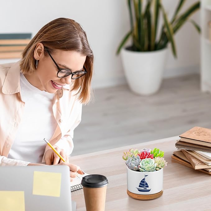 3 Pcs Decor Gift for Women Planter Ceramic Gift Animal Plant Pot with Bamboo Tray for Office Home Farm House Bathroom Kitchen Christmas Decorations (No Plants Included)(Nautical)