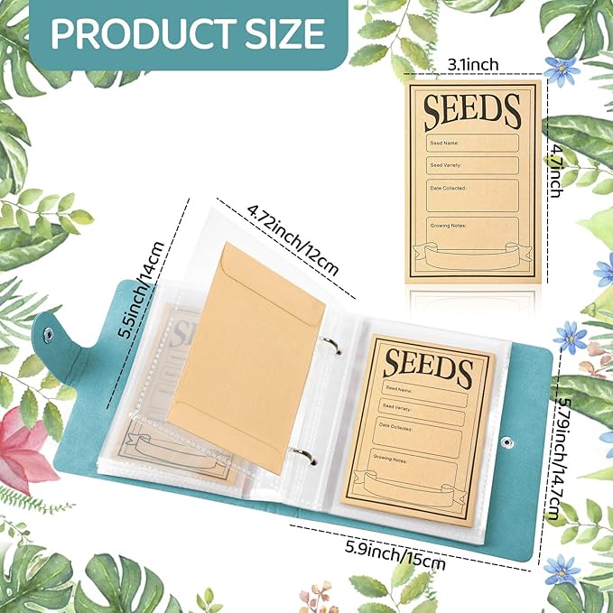 Seed Storage Organizer Binder, Leather Seed Packet Organizer with 50 Pack Seed Envelopes, Garden Seed Storage Holder Book, Plant Seed Saver, Flower Seed Keeper, Green, 3.1 x 4.7 Inch Seed Envelopes