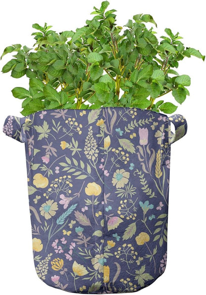 Lunarable Garden Grow Bags 5-Pack, Herbs Leaves Petals, Heavyduty Fabric Pots with Handles for Plants, Purple Yellow