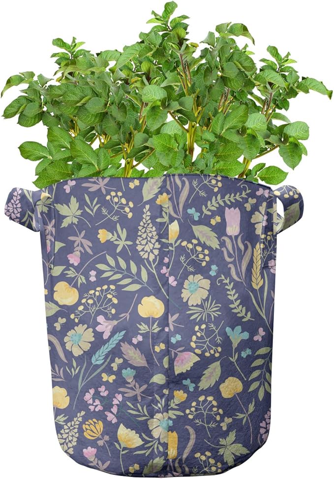 Lunarable Garden Grow Bags 5-Pack, Herbs Leaves Petals, Heavyduty Fabric Pots with Handles for Plants, Purple Yellow