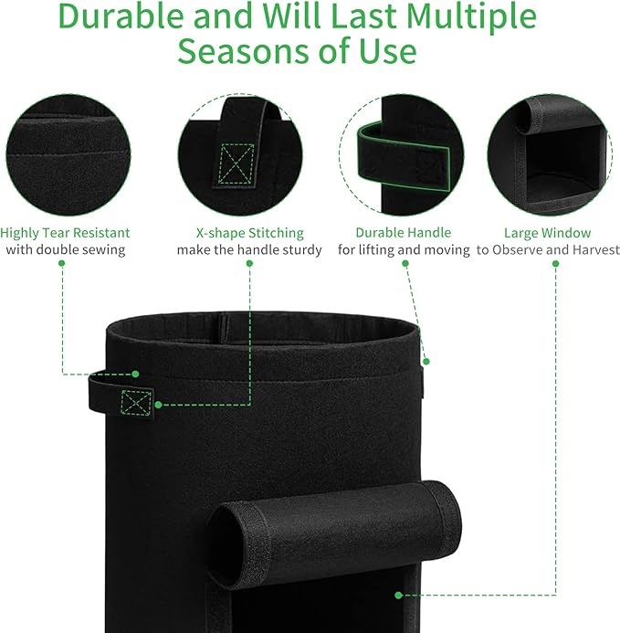 JJGoo 4 Pack Potato Grow Bags 10 Gallon with Flap, Heavy Duty Fabric with Handle and Harvest Window, Non-Woven Planter Pot Plant Garden Bags to Grow Vegetables Tomato, Black