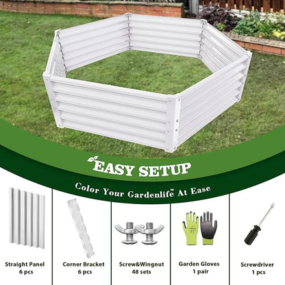 A ANLEOLIFE 3 Set Hexagon Galvanized Raised Garden Beds Outdoor,70x60x18in Metal Planter Box for Planting Vegetables Flowers Herb, Anti-Rust & Easy-Setup, Antique White