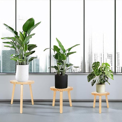 3-Pack Wood Plant Stands Indoor, Single Plant Stand for 6-12 Inch Pots, Mid-Century Modern Plant Stool, Tall Plant Stand for Large Plants for Living Room, Balcony, Office (Light Brown)