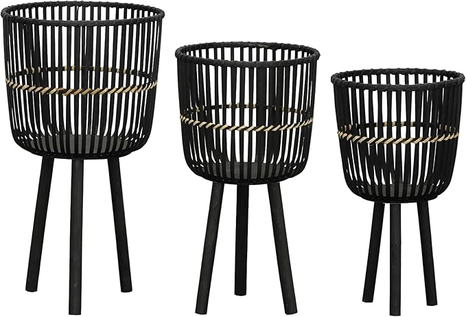 Decorative Bamboo Footed Planters for Home Decor - Garden Plant Pots for Indoor Living Room Decor or Outdoor Patio Areas - Flower Pots for Entryway and Backyard - Set of 3, 27", 23", 19", Black