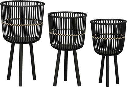 Decorative Bamboo Footed Planters for Home Decor - Garden Plant Pots for Indoor Living Room Decor or Outdoor Patio Areas - Flower Pots for Entryway and Backyard - Set of 3, 27", 23", 19", Black